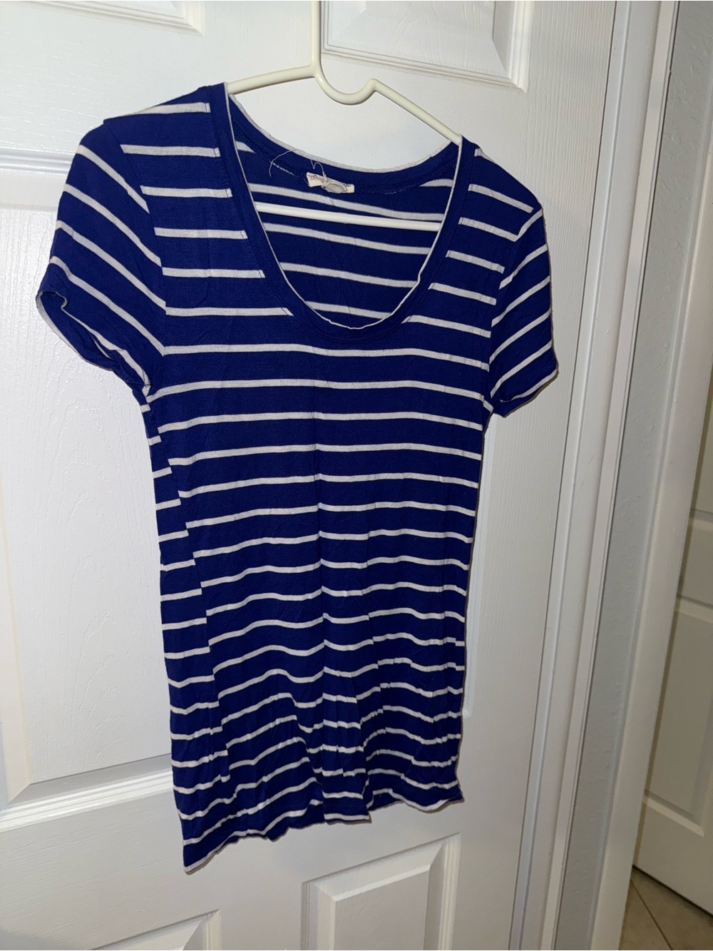 Zenana Outfitters Navy and White Striped Scoop Neck Tee